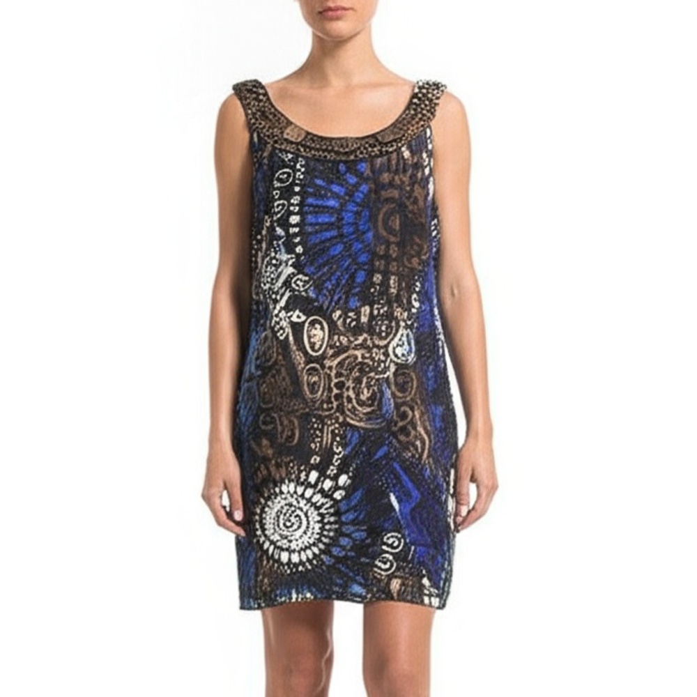 Dressbarn Dress Sleeveless 4 Black Abstract Print‎ Beaded Modern Contemporary